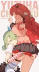  2girls absurdres ark_john_up arm_warmers blush braid braided_twintails cardigan character_name earrings green_eyes green_hair hair_ornament hairclip hairpin highres hug jewelry legs long_hair looking_at_viewer looking_down multiple_girls multiple_hairclips musical_note_earrings nail_polish pink_arm_warmers red_hair shirt simple_background skirt sphere_hair_ornament striped_arm_warmers sunna_(zenless_zone_zero) thigh_strap thighs twin_braids twintails ukinami_yuzuha very_long_hair white_background white_shirt zenless_zone_zero 