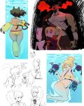  2boys 2girls absurdres animal_ears ass blonde_hair breasts brown_hair cat_ears cat_girl cat_tail cleavage dress floatie_(gameoverse) fold_(gameoverse) furry furry_female gameoverse gauntlets goggles goggles_on_head highres kit_(gameoverse) long_hair medium_breasts miss_information_(gameoverse) multiple_boys multiple_girls multiple_views muscular official_alternate_costume open_mouth ponytail purple_eyes purple_lips red_eyes short_hair smile tail tan teeth underwater void_dot_exe warrick_(gameoverse) whiskers yellow_dress yellow_gauntlets 