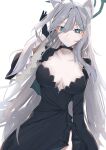  1girl absurdres ahoge animal_ears aqua_eyes black_choker black_dress black_gloves blue_archive blush breasts breasts_apart bright_pupils choker closed_mouth collarbone commentary_request cross_hair_ornament dress extra_ears gloves grey_hair hair_between_eyes hair_ornament hair_over_one_eye halo highres large_breasts leonardo_566 long_hair long_sleeves looking_at_viewer mismatched_pupils shiroko_terror_(blue_archive) sidelocks simple_background solo upper_body very_long_hair white_background white_pupils wolf_ears wolf_girl 