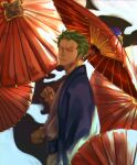  1boy closed_mouth commentary_request earrings green_hair haori highres holding holding_umbrella japanese_clothes jewelry kimono male_focus one_piece profile roronoa_zoro scar scar_on_face shiraumi8351 short_hair sideburns solo umbrella v-shaped_eyebrows white_kimono 