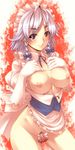  bad_id bad_pixiv_id blue_eyes bottomless braid breast_suppress breasts censored gloves izayoi_sakuya large_breasts lily_black lily_white maid maid_headdress nipples novelty_censor open_clothes short_hair silver_hair smile solo symbol-shaped_pupils touhou tro twin_braids 