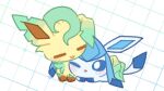  blue_eyes blush bright_pupils closed_eyes commentary glaceon leafeon lying one_eye_closed open_mouth pkm_jmt pokemon pokemon_(creature) pokemon_focus untranslatable_commentary white_pupils 