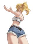  1girl absurdres arms_up ass back bandeau bare_shoulders belt blonde_hair braid breasts commentary cutoffs denim denim_shorts fate/apocrypha fate_(series) half_up_braid highres long_hair lucasaobari mordred_(fate) mordred_(memories_at_trifas)_(fate) ponytail short_shorts shorts sidelocks small_breasts solo thighs white_bandeau 