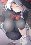  1girl 1other bar_censor blue_archive blurry blurry_background blush bottomless bow bowtie braid breasts censored cleavage clitoral_stimulation clitoris_tweak covered_navel covered_nipples eri_(blue_archive) grabbing_another's_breast groping hair_between_eyes hat impossible_clothes lamperu_(usuakari18) large_breasts long_hair long_sleeves looking_at_viewer pov pov_hands pussy_juice red_bow red_bowtie shirt spread_legs sweat undershirt wavy_mouth white_hair white_shirt witch_hat 