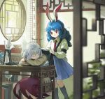  2girls alternate_costume angel_wings black_socks blue_hair blue_skirt blurry book calligraphy_brush chair collared_shirt commentary_request commission covering_with_blanket depth_of_field dress feathered_wings grey_hair grey_wings highres indoors jacket kaigen_1025 kishin_sagume kneehighs long_hair long_sleeves multiple_girls necktie on_chair paintbrush purple_dress red_eyes red_necktie seiran_(touhou) shirt single_wing sitting skeb_commission skirt sleeping socks table touhou white_shirt window wings yellow_jacket 
