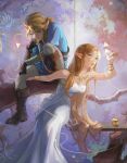  1boy 1girl apple balo_badartist bare_shoulders blonde_hair blue_eyes blue_tunic boots breasts brown_boots champion's_tunic_(zelda) dress fingerless_gloves food fruit gloves gold_bracer gold_necklace golden_apple green_eyes hair_between_eyes hand_in_another's_hair hetero highres jewelry kissing_hair link long_dress long_hair looking_at_another low_ponytail medium_breasts necklace pants parted_bangs parted_lips pointy_ears ponytail princess_zelda sidelocks sitting_on_branch strapless strapless_dress the_legend_of_zelda the_legend_of_zelda:_breath_of_the_wild tunic white_dress white_pants 