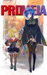  2girls aged_down ahoge apple bag black_boots black_cloak black_jacket black_skirt blonde_hair blue_hair boots brown_thighhighs chalky_(zenless_zone_zero) character_name cissia_(zenless_zone_zero) cloak closed_eyes closed_mouth collarbone commentary crescent crescent_earrings earrings english_commentary food fruit green_shoes hair_ornament hair_over_one_eye highres holding holding_bag jacket jewelry long_hair looking_at_another multiple_girls open_mouth paper_bag pom_pom_(clothes) pom_pom_hair_ornament promeia_(zenless_zone_zero) purple_eyes shoes skirt snake snake_girl snake_tail tail thigh_boots thighhighs very_long_hair white_snake zenless_zone_zero zz0vivianart 