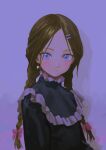  1girl absurdres black_dress blonde_hair blue_eyes blush braid commentary dress earrings expressionless frilled_shirt_collar frills highres jewelry long_hair looking_at_viewer original parted_bangs perorem single_earring solo twin_braids upper_body 