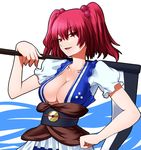  akimichi breasts cleavage hair_bobbles hair_ornament large_breasts onozuka_komachi red_eyes red_hair scythe short_hair solo touhou two_side_up 