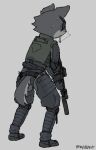 anthro bodily_fluids boots canid canine canis cigarette clothed clothed_anthro clothed_male clothing footwear full-length_portrait fully_clothed fully_clothed_anthro fully_clothed_male fur grey_background grey_body grey_fur gun hi_res holding_gun holding_object holding_ranged_weapon holding_rifle holding_weapon male mammal military military_uniform nervous nervous_sweat portrait ranged_weapon rear_view rifle shoes simple_background smoking smoking_cigarette soldier solo sweat uniform warrior weapon wolf
