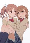  2girls absurdres blazer bow bowtie brown_eyes brown_hair brown_jacket carrying carrying_person collared_shirt commentary_request dated grey_skirt hair_bow highres jacket kneehighs light_blush long_hair long_sleeves medium_hair miniskirt misaka_mikoto multiple_girls plaid_clothes plaid_skirt princess_carry red_bow red_bowtie school_emblem school_uniform sekinaito03 shirai_kuroko shirt shorts shorts_under_skirt skirt smile socks sweatdrop toaru_kagaku_no_railgun toaru_majutsu_no_index tokiwadai_school_uniform twintails twitter_username white_bow white_shirt winter_uniform yuri 
