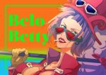  1girl belo_betty blue_eyes bob_cut character_name cigarette commentary_request dutch_angle eyelashes flag gloves goggles goggles_on_headwear hat high_collar holding holding_flag necktie one_piece open_mouth purple_hair red_hat red_necktie shiraumi8351 solo sunglasses 