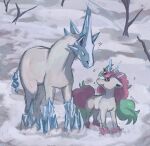  aqua_hair artist_name bare_tree dietranch galarian_ponyta glastrier highres horns horse ice looking_down looking_up multicolored_hair no_humans open_mouth outdoors pink_hair pokemon pokemon_(creature) single_horn smile snow standing tree two-tone_hair unicorn winter 
