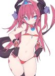  1girl bangs bikini black_legwear blade_(galaxist) blue_eyes blush breasts choker closed_mouth curled_horns dragon_horns dragon_tail elizabeth_bathory_(brave)_(fate) elizabeth_bathory_(fate)_(all) eyebrows_visible_through_hair fate/grand_order fate_(series) hair_between_eyes hair_ribbon head_tilt horns long_hair looking_at_viewer navel pink_hair pointy_ears purple_ribbon red_bikini red_choker ribbon silver_trim simple_background small_breasts solo swimsuit tail tail_raised thighhighs tiara two_side_up vambraces very_long_hair white_background 