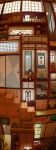  1girl 1other absurdres architecture black_eyes black_hair bonsai book commentary_request daruma_doll doll drawer east_asian_architecture expressionless hanging_scroll highres impossible_architecture indoors japanese_clothes kani_onigiri_(shottare) katana kimono kokeshi looking_at_viewer maneki-neko mask noh_mask original red_kimono scroll shouji sitting sliding_doors surreal sword tatami washitsu water weapon 
