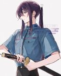  1boy black_pants blue_shirt closed_mouth cowboy_shot ensemble_stars! grey_background hair_between_eyes hair_ribbon highres holding holding_sheath holding_sword holding_weapon kanzaki_souma katana ko_no_ao long_hair looking_at_viewer looking_to_the_side male_focus pants ponytail purple_eyes ribbon sheath sheathed shirt shirt_tucked_in short_sleeves signature simple_background solo straight_hair sword watermark weapon white_ribbon 