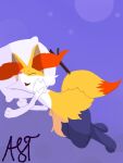 2025 3_fingers 3_toes ambiguous_gender artist_name biped braixen dipstick_tail eyes_closed feet feral fingers fulgito_ast fur generation_6_pokemon grey_body grey_skin hi_res inner_ear_fluff long_tail lying markings nintendo object_in_tail open_mouth orange_inner_ear_fluff orange_tail_tip pink_nose pokemon pokemon_(species) purple_background simple_background sleeping solo stick stick_in_tail tail tail_markings text toes tuft white_body white_fur yellow_body yellow_ears yellow_fur yellow_tail