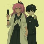  1boy 1girl alternate_costume aqua_eyes aubergieine aubrey_(faraway)_(omori) aubrey_(omori) black_eyes black_hair black_pants black_sailor_collar blush cellphone character_name coat commentary double-parted_bangs gakuran hair_between_eyes highres holding holding_hands holding_phone long_hair long_skirt long_sleeves neckerchief omori open_clothes open_coat pants phone sailor_collar school_uniform short_hair skirt sunny_(omori) untranslatable_commentary white_coat white_neckerchief 
