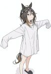  1girl ahoge ai-generated animal_ears black_slippers blue_gem brown_hair collarbone ear_covers earrings feather_earrings feathers gem gradient_hair highres horse_ears horse_girl horse_tail invisible_floor jewelry jitome multicolored_hair necochi00 outstretched_arms oversized_clothes oversized_shirt pink_eyes shadow shirt simple_background single_earring slippers solo solo_focus spread_arms stay_gold_(umamusume) streaked_hair tail triangle_mouth umamusume white_background white_shirt white_streaks 