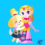 2025 3_fingers 3_toes 5_fingers animal_crossing anthro artist_name biped black_nose blonde_hair blue_background canid canine clothed clothing dipstick_tail dress duo feet female fingers fulgito_ast hair hi_res hug humanoid humanoid_pointy_ears isabelle_(animal_crossing) mammal markings nintendo open_mouth pink_clothing pink_dress pointy_ears princess_zelda simple_background size_difference standing tail tail_markings text the_legend_of_zelda toes white_tail_tip yellow_tail