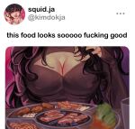  1boy 1girl black_hair breasts cleavage cleavage_cutout clothing_cutout covered_nipples english_text food genderswap genderswap_(mtf) highres kim_dokja long_hair meme omniscient_reader's_viewpoint this_food_looks_sooooo_fucking_good_(meme) tobionart twitter twitter_username yoo_joonghyuk 