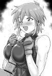  1boy 1girl absurdres allenby_beardsley bar_censor bare_arms blush bodysuit breasts breasts_squeezed_together censored commentary_request cum ejaculation erection g_gundam gloves greyscale gundam hetero highres jewelry kaiman_garupan large_breasts monochrome necklace nose_blush open_mouth paizuri paizuri_over_clothes penis short_hair sidelocks sleeveless sleeveless_bodysuit smile solo_focus sweat white_background 