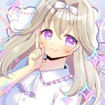  1girl blush bow brown_hair collared_shirt commentary_request dress_shirt frilled_shirt_collar frills hair_between_eyes hair_bow hair_intakes hand_up index_finger_raised kou_hiyoyo long_hair looking_at_viewer meitantei_precure! moria_luluka precure purple_eyes shirt short_sleeves solo upper_body white_bow white_shirt 