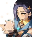  aqua_sleeves artist_name bird black_hair blue_sleeves coat fingerless_gloves gloves hair_ornament highres hood hood_down hooded_coat nathan_stefv owl pet rinwell_(tales) short_hair sleeveless sleeveless_coat smile tales_of_(series) tales_of_arise white_background yellow_eyes 