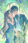  1boy 1girl belt black_hair blue_dress blush brown_hair china_dress chinese_clothes closed_mouth commentary couple covering_own_mouth dan_heng_(honkai:_star_rail) dress earrings green_eyes hair_between_eyes hand_in_pocket hand_over_own_mouth hetero highres holding_hands honkai:_star_rail honkai_(series) jacket jewelry long_hair looking_at_another oc_x_canon open_clothes original pants q_(llll4414_j) shirt short_hair sleeveless white_shirt 