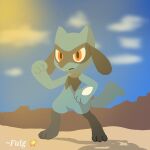  2025 3_fingers 3_toes ambiguous_gender artist_name biped black_body black_skin blue_body blue_fur blue_tail cloud day feet feral fingers fulgito_ast fur generation_4_pokemon hi_res long_tail nintendo outside pokemon pokemon_(species) red_eyes riolu solo standing sun tail text toes 