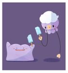  absurdres amazora_owl_02 black_eyes blush_stickers closed_mouth commentary_request ditto drifloon food highres holding looking_down no_humans open_mouth pokemon pokemon_(creature) popsicle purple_theme shadow simple_background smile 