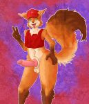  absurd_res anthro canid canine clothing crop_top erection fox fur furry_tail genitals gesture hand_gesture hat headgear headwear hi_res humanoid knot knotted_penis looking_at_viewer male mammal penis shirt solo standing tail tongue tongue_out topwear v_sign wide_hips zarrias 