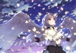  1girl angel angel_beats! angel_wings backlighting black_skirt blue_sky blush bug butterfly closed_mouth collared_shirt commentary cowboy_shot feathered_wings floating_hair grey_hair hands_up jacket long_hair long_sleeves miniskirt outdoors parted_bangs pink_sky pleated_skirt ponytail shirt short_ponytail sidelocks skirt sky smile solo split_mouth tachibana_kanade twilight very_long_hair white_shirt white_wings wings yellow_butterfly yellow_eyes yellow_jacket ziran_juan 