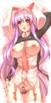  animal_ears arm_up bad_id bad_pixiv_id bottomless breasts bunny_ears censored crescent garter_belt large_breasts lily_black lily_white long_hair necktie nipples novelty_censor open_clothes open_mouth open_shirt purple_hair red_eyes reisen_udongein_inaba shirt solo symbol-shaped_pupils thighhighs touhou tro very_long_hair white_legwear 