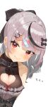  1girl absurdres bandaid bandaid_hair_ornament black_bow black_dress black_streaks blush bow breasts cleavage cleavage_cutout clothing_cutout commentary_request dress ear_piercing grey_hair hair_bow hair_ornament heart_cutout highres hololive large_breasts looking_at_viewer medium_hair multicolored_hair nema_029 official_alternate_costume piercing ponytail red_eyes sakamata_chloe sakamata_chloe_(jirai_kei) sleeveless sleeveless_dress smile solo streaked_hair virtual_youtuber white_background x_hair_ornament 