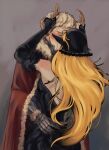  1boy 1girl absurdres black_corset black_dress black_hood black_nails blonde_hair blush bridal_gauntlets brown_hair clawed_gauntlets cloak commentary corset darshur detached_hood detached_sleeves dress dungeon_meshi ear_covers elf english_commentary fur-trimmed_cloak fur-trimmed_dress fur-trimmed_sleeves fur_trim gorget half-closed_eyes hetero highres holding_another's_horns horns hug implied_kiss laios_touden laios_touden_(demon_king) long_hair marcille_donato marcille_donato_(lord) pointy_ears red_cloak upper_body yellow_eyes 