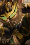  absurd_res anthro anubian_jackal armor blancws canid canine canis clothed clothing fur furniture hands_behind_head headgear helmet hi_res jackal league_of_legends male mammal muscular muscular_male nasus_(lol) nipples on_table open_mouth riot_games solo table tencent 