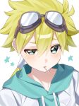  1004_tanpopo 1boy aqua_eyes aqua_hoodie blonde_hair blush candy coat cocked_eyebrow commentary_request food food_in_mouth goggles goggles_on_head hair_between_eyes hair_tubes half-closed_eye highres hood hood_down hoodie jett_(human)_(precure) jett_(precure) lab_coat lollipop lollipop_in_mouth long_hair looking_at_viewer low_ponytail male_focus meitantei_precure! parted_lips ponytail precure simple_background solo star_(symbol) thick_eyebrows upper_body white_background white_coat 