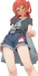  1girl absurdres black_shirt bocchi_the_rock! collarbone commentary denim denim_shorts eltir green_eyes highres kita_ikuyo looking_at_viewer one_side_up red_hair shirt short_sleeves shorts simple_background solo untranslatable_commentary watermark white_background 