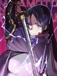  1girl armor bodysuit breasts character_name commentary_request electricity fate/grand_order fate_(series) fingerless_gloves gloves gradient_background highres holding holding_sword holding_weapon japanese_armor katana long_hair looking_at_viewer minamoto_no_raikou_(fate) minamoto_no_raikou_(first_ascension)_(fate) puffy_sleeves purple_bodysuit purple_hair solo suzuhi_(fullprayer) sword tabard weapon 