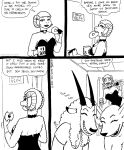 2023 antelope anthro bell bell_collar black_and_white bovid breasts caprine cassandra_(tegerio) cleavage clothed clothed_anthro clothed_female clothing collar comic dessert doughnut ear_piercing ear_ring english_text eyes_closed female fingers food fur giggling group hair hi_res hooved_fingers hooves horn kangaroo kangy_(tegerio) lana_lynne macropod mammal marsupial monochrome open_mouth pastry piercing ring_piercing sheep tegerio text trio wool_(fur)