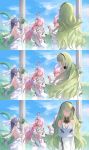  4girls alternate_costume animal_ears backless_dress backless_outfit black_hairband black_thighhighs blue_eyes bouquet breasts chinese_commentary closed_mouth commentary_request day dress elysia_(herrscher_of_human:_ego)_(honkai_impact) elysia_(honkai_impact) fox_ears fu_hua gloves green_hair hair_ornament hairband highres holding holding_bouquet honkai_(series) honkai_impact_3rd large_breasts long_hair looking_at_another looking_to_the_side manbumanbu mobius_(honkai_impact) multiple_girls one_eye_closed open_mouth outdoors second-party_source sky smile thighhighs white_dress white_gloves wrist_cuffs yae_sakura 