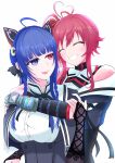  2girls :d ahoge animal_ears antenna_hair assault_lily bare_shoulders belt belt_buckle belt_collar black_belt black_bridal_gauntlets black_capelet black_ribbon blue_eyes blue_hair blunt_bangs braid breasts bridal_gauntlets buckle buttons capelet collar commentary crescent crescent_hair_ornament cropped_jacket crown_braid fake_animal_ears fang fingerless_gloves gloves grey_gloves grin hair_ornament hair_ribbon hand_on_another's_arm hand_up hands_up heads_together heart_antenna_hair heterochromia high_side_ponytail highres hug hug_from_behind lace-trimmed_capelet lace_trim large_breasts long_hair looking_at_another looking_to_the_side mechanical_ears multiple_girls nagasaka_maho neck_ribbon off_shoulder pink_eyes pink_hair ribbon school_uniform shirt side_ponytail sideways_glance simple_background smile suspenders teeth tetsukawa_toa toremo_rin underbust upper_body upper_teeth_only white_background white_shirt yellow_ribbon yuri yurigaoka_girls_academy_school_uniform 
