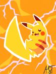 2025 3_toes 5_fingers artist_name black_ear_tips black_nose dipstick_ears ear_markings feet feral fingers fulgito_ast fur generation_1_pokemon hi_res long_ears long_tail looking_at_viewer looking_back male markings multicolored_ears nintendo open_mouth pikachu pink_tongue pokemon pokemon_(species) red_cheeks simple_background solo tail text toes tongue yellow_background yellow_body yellow_ears yellow_fur yellow_tail