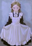  1girl absurdres apron black_dress blonde_hair blue_eyes blush commentary curtsey dress expressionless hair_ornament hairclip highres long_hair looking_at_viewer maid maid_headdress original parted_bangs perorem solo straight-on white_apron 