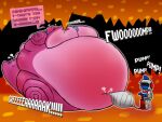 accessory anthro bandai_namco belly belly_expansion belly_inflation big_belly bigburnerbird44 close_to_bursting dig_dug digital_media_(artwork) dinosaur duo expansion gameoverse glitch_productions gobbles_(gameoverse) hi_res huge_belly humanoid hyper hyper_belly hyper_inflation immobile implied_popping inflation male male/male necktie prehistoric_species reptile scalie simple_background sound_effects tail text