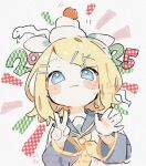  1girl 2025 :3 artist_name black_sailor_collar black_sleeves blonde_hair blue_eyes blush_stickers commentary_request detached_sleeves dousanmai finger_counting food fruit hair_ornament hairclip kagamine_rin mandarin_orange neckerchief parallel_hairclips parted_bangs polka_dot portrait sailor_collar simple_background snake solo v vocaloid watermark white_background x_hair_ornament yellow_neckerchief 