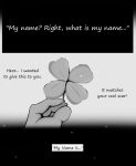 ambiguous_gender anthro black_and_white clover_(plant) comic cutie_clanket cutie_clover dialogue english_text first_person_view hi_res holding_plant male_(lore) monochrome mostly_offscreen_character plant rain_world semi-anthro slugcat solo text videocult