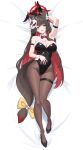  1girl absurdres animal_ear_fluff animal_ear_hairband animal_ears arm_strap arm_up armpits bed_sheet black_leotard black_shoes blue_archive breasts cawl colored_inner_hair commentary dakimakura_(medium) fake_animal_ears fishnet_pantyhose fishnets fox_ears fox_girl fox_mask fox_tail full_body hairband halo hand_on_own_stomach high_heels highleg highleg_leotard highres large_breasts leotard long_hair lying mask mask_on_head multicolored_hair on_back open_mouth pantyhose playboy_bunny rabbit_ear_hairband rabbit_ears red_halo shoes solo strapless strapless_leotard tail thigh_strap very_long_hair wakamo_(blue_archive) white_wrist_cuffs wrist_cuffs yellow_eyes 