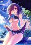  1girl absurdres against_railing ahoge artist_name bare_arms bare_shoulders bikini bikini_skirt black_bikini blue_sky breasts clothes_lift cloud cloudy_sky collarbone covered_nipples cowboy_shot cross-laced_bikini cross-laced_clothes dengeki_moeoh grin groin hair_over_one_eye hair_ribbon highres long_hair looking_at_viewer magazine_scan medium_breasts mouth_hold multi-strapped_bikini_bottom nanao_naru navel one_eye_covered orange_eyes original outdoors page_number palm_tree prehistoric_animal purple_hair railing ribbon scan side-tie_bikini_bottom skirt skirt_lift sky smile solo stomach sunlight swimsuit thighs third-party_source tree twintails underboob wooden_railing 